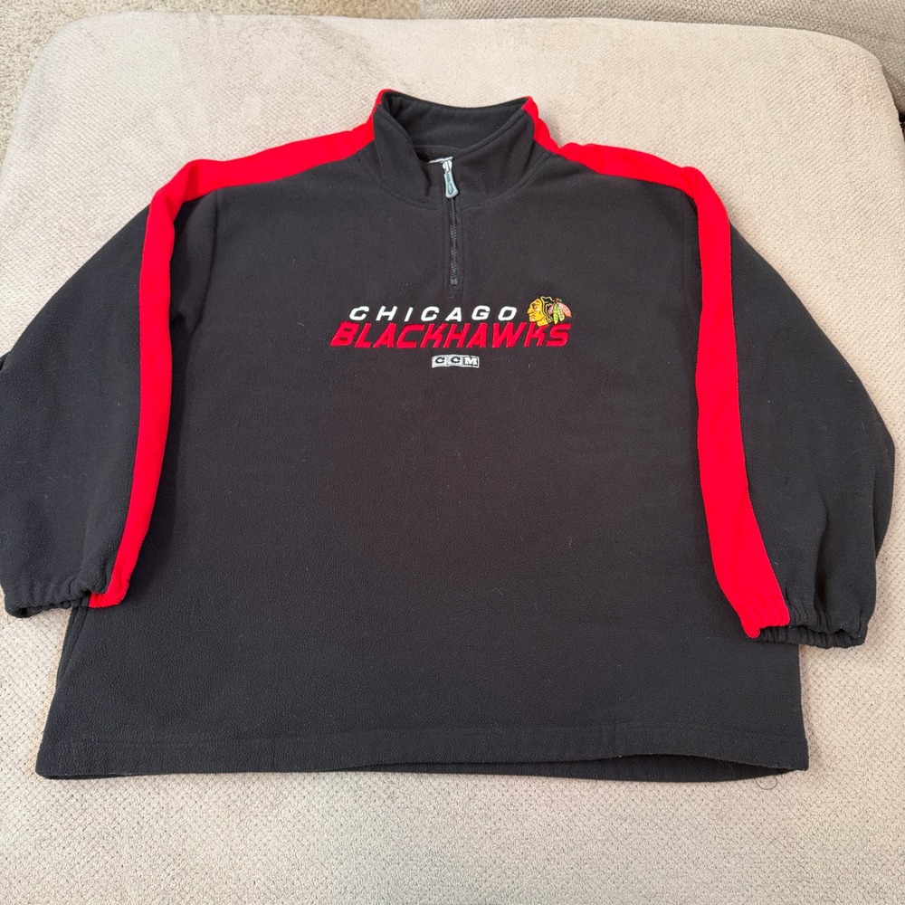 Vintage 1990s CCM Chicago Blackhawks Quarter Zip Fleece Pullover Black Red XL